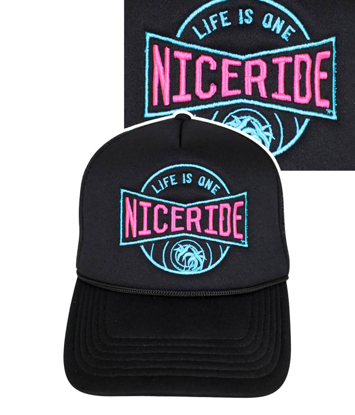Foam Trucker Hat featuring NICERIDE logo and vibrant embroidery, perfect stylish hat for casual wear.