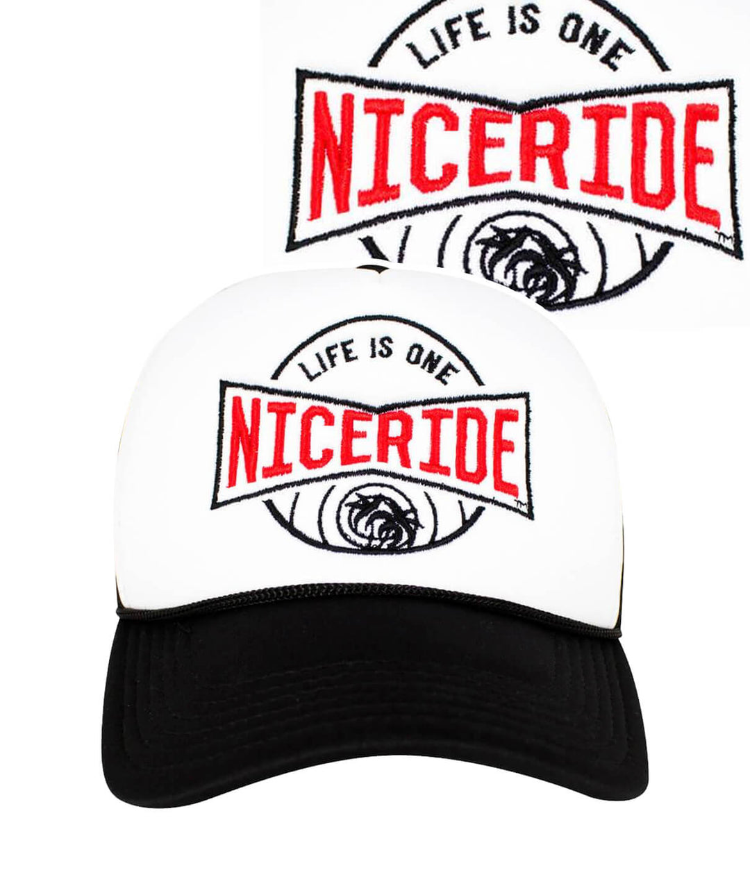 Bow Tie Foam Trucker Hat with NICERIDE logo embroidered on the front panel, showing a stylish design for a hat.