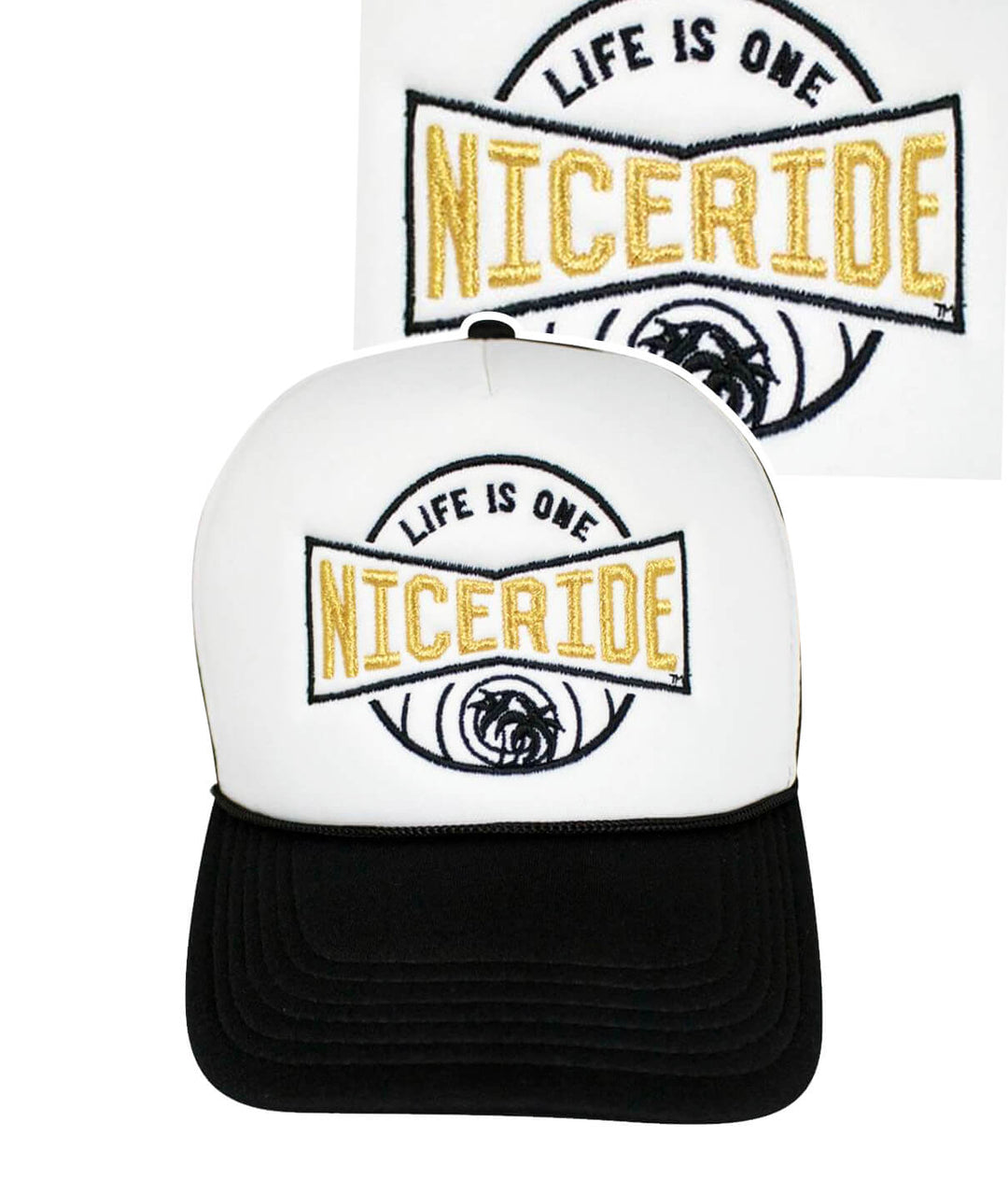 Foam Trucker Hat with NICERIDE logo, perfect hat for casual wear, designed and embroidered in the USA.