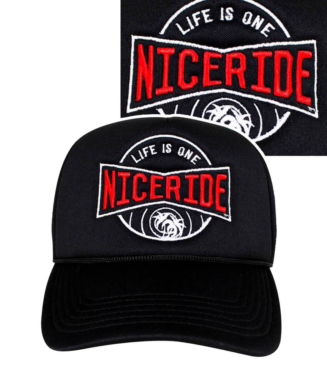 Black Foam Trucker Hat featuring NICERIDE logo, perfect hat for outdoor activities and casual wear.