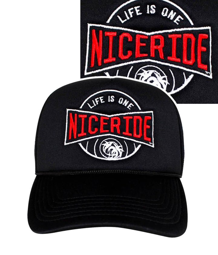 Black Foam Trucker Hat featuring NICERIDE logo, perfect hat for outdoor activities and casual wear.