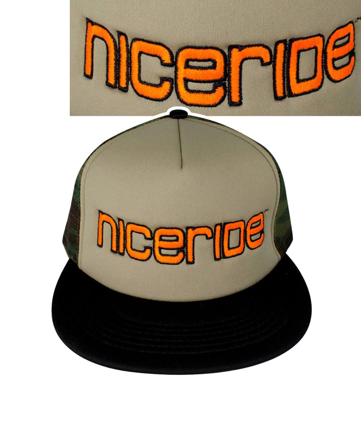 Bold Tower Camo Foam Trucker Hat with NICERIDE logo embroidered on the front. Stylish hat for outdoors and casual wear.