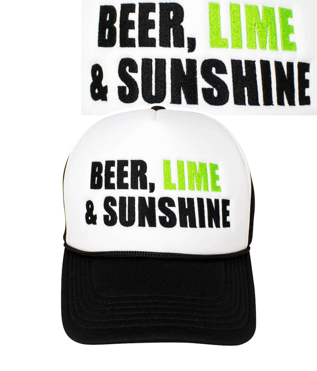 Beer, Lime & Sunshine Foam Trucker Hat featuring bold embroidery and a stylish design.