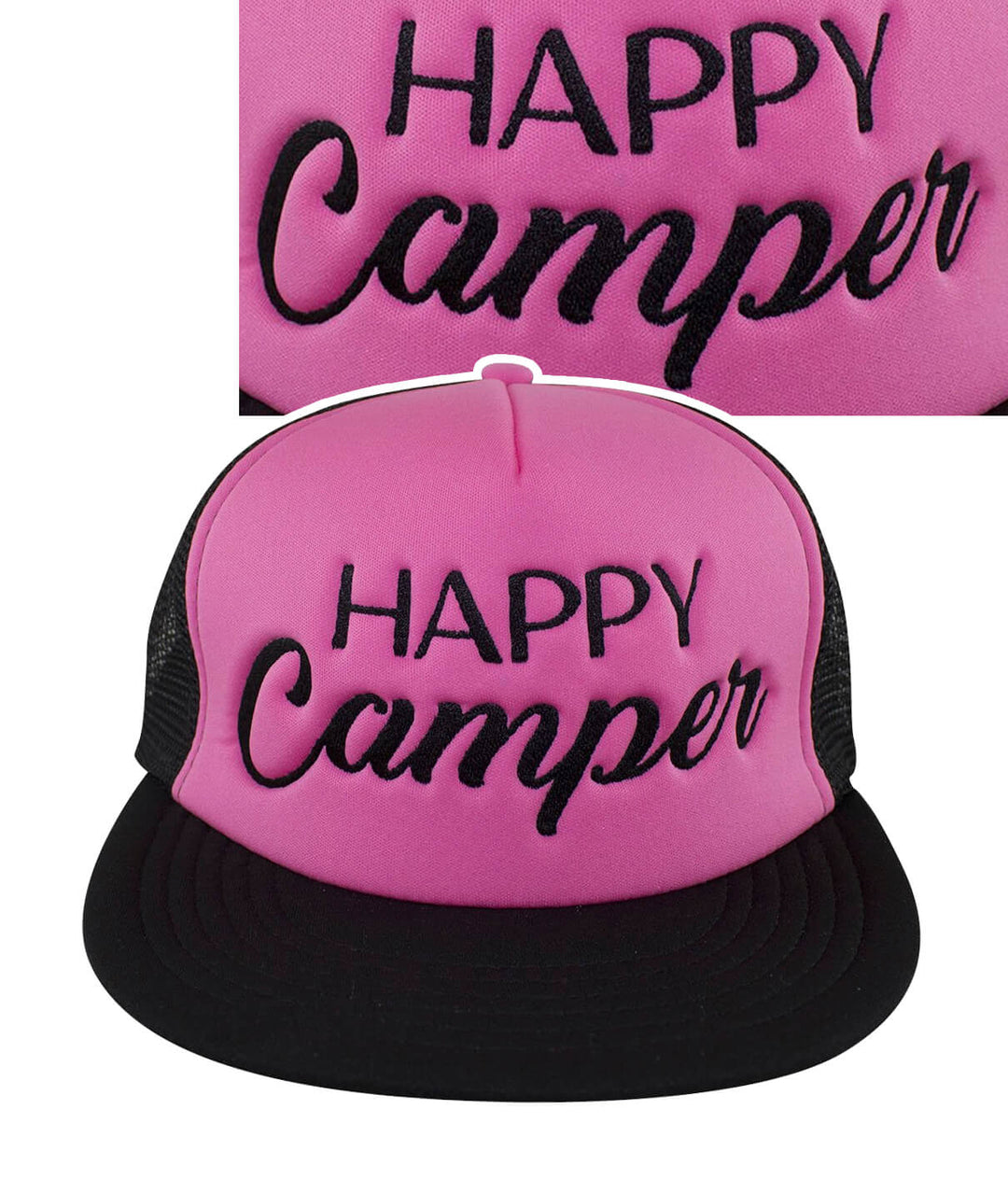 Happy Camper District Foam Trucker Hat featuring embroidered text on a pink and black cap.