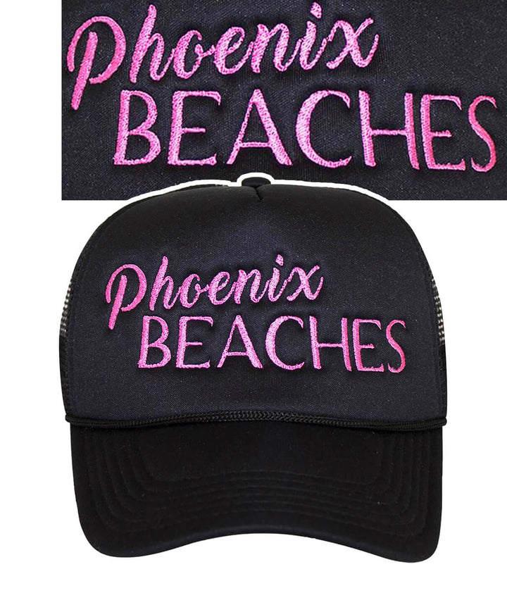 Phoenix Beaches Foam Trucker hat with embroidered text, a stylish hat made in the USA.
