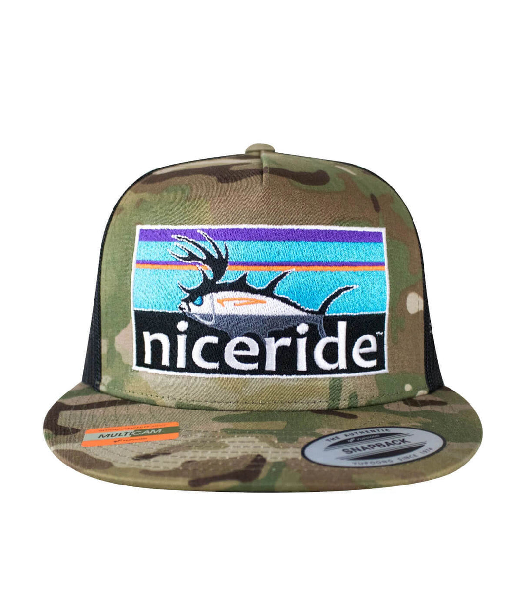 Buck-Eye Explorer Horizon unisex snapback trucker hat in camouflage with colorful embroidered logo
