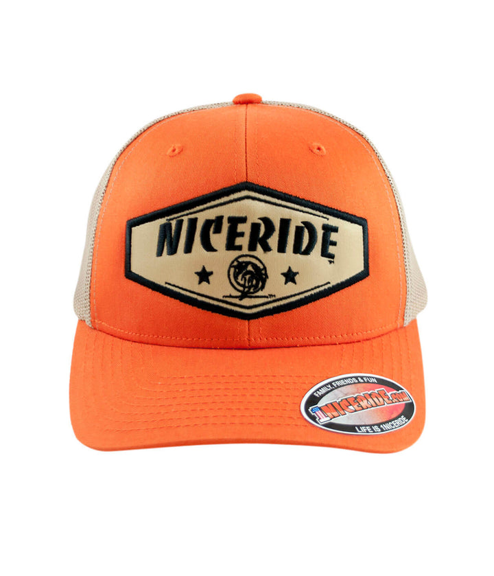 NICERIDE orange retro trucker hat with black logo patch on front, showing classic design for stylish headwear.