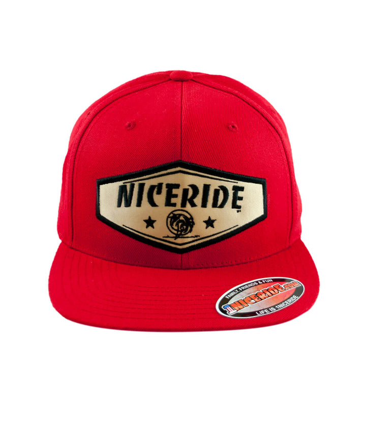 Chevron Red Snapback hat featuring NICERIDE logo and khaki embroidery on the front panel.