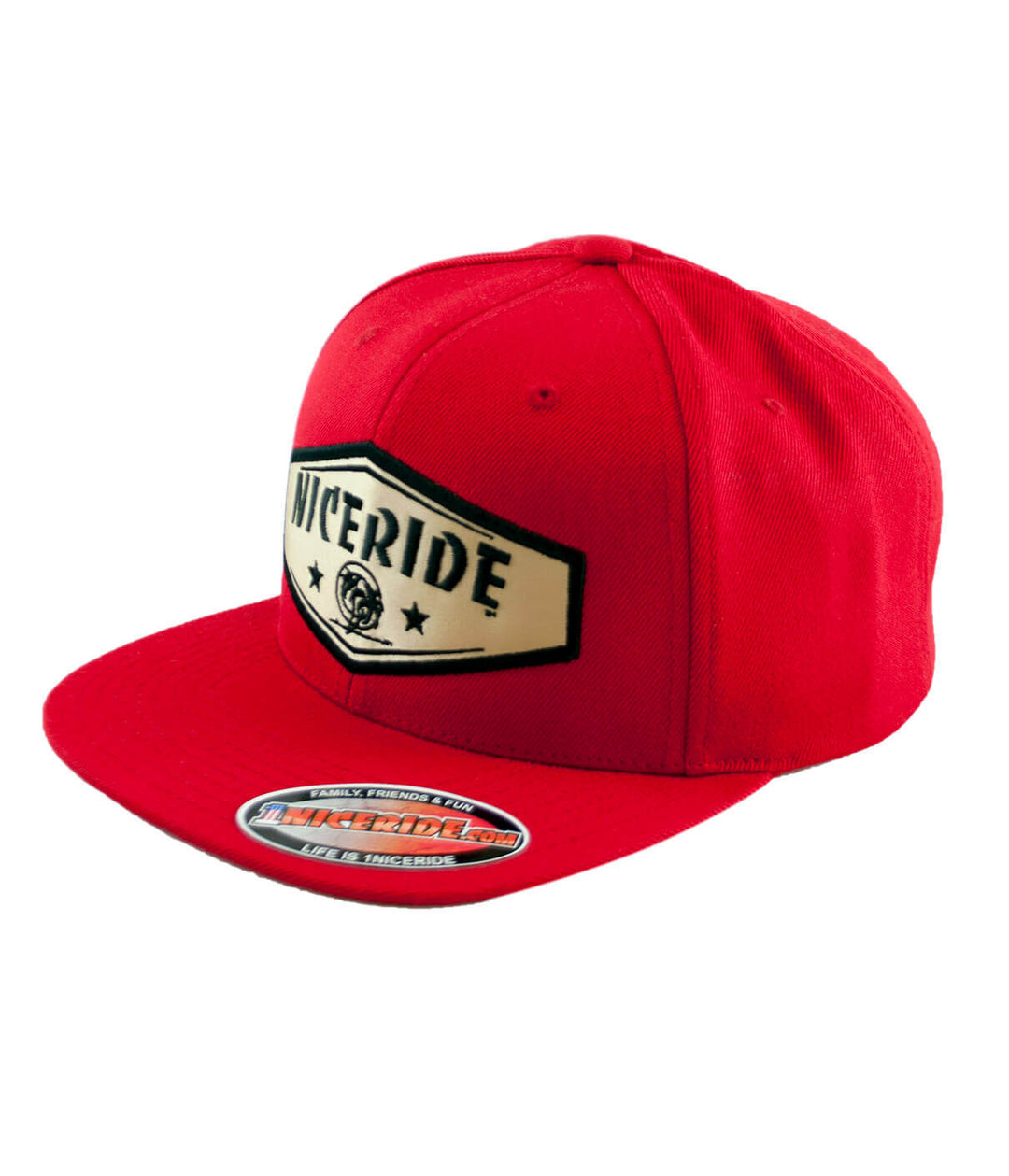 Red snapback hat featuring NICERIDE logo patch, stylish classic design for casual wear.