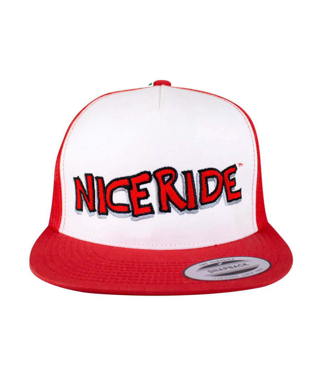 Red and white Bed Rock trucker hat with NICERIDE logo embroidered on the front panel. Perfect hat for casual wear.