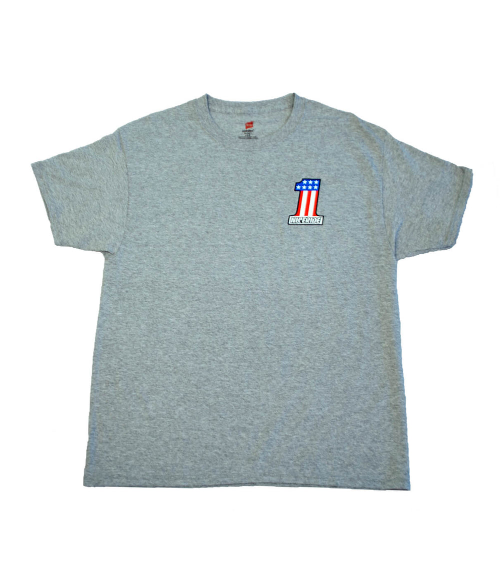 Gray Hanes Men's Cotton Blend Short Sleeve T-Shirt featuring a patriotic design on the chest.