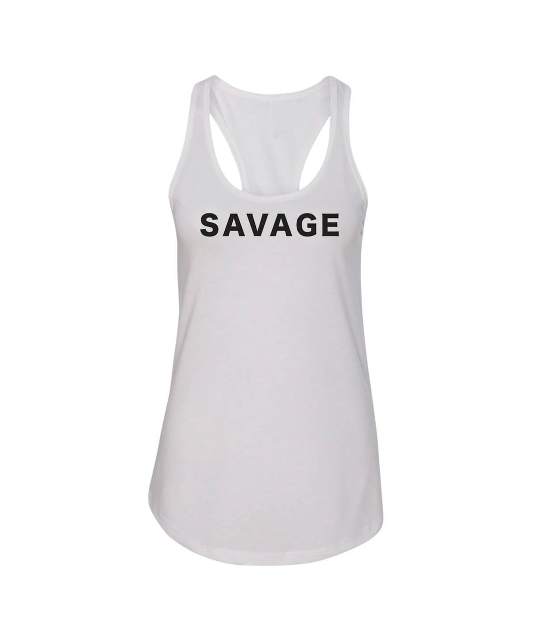 SAVAGE tank top featuring a racerback design in white with bold black lettering.